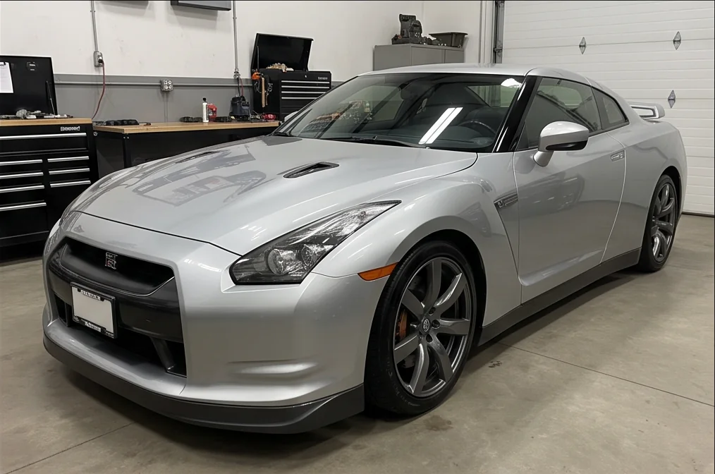 Same silver Nissan GT-R with clean glossy paint after ceramic coating preparation in Chilliwack, BC