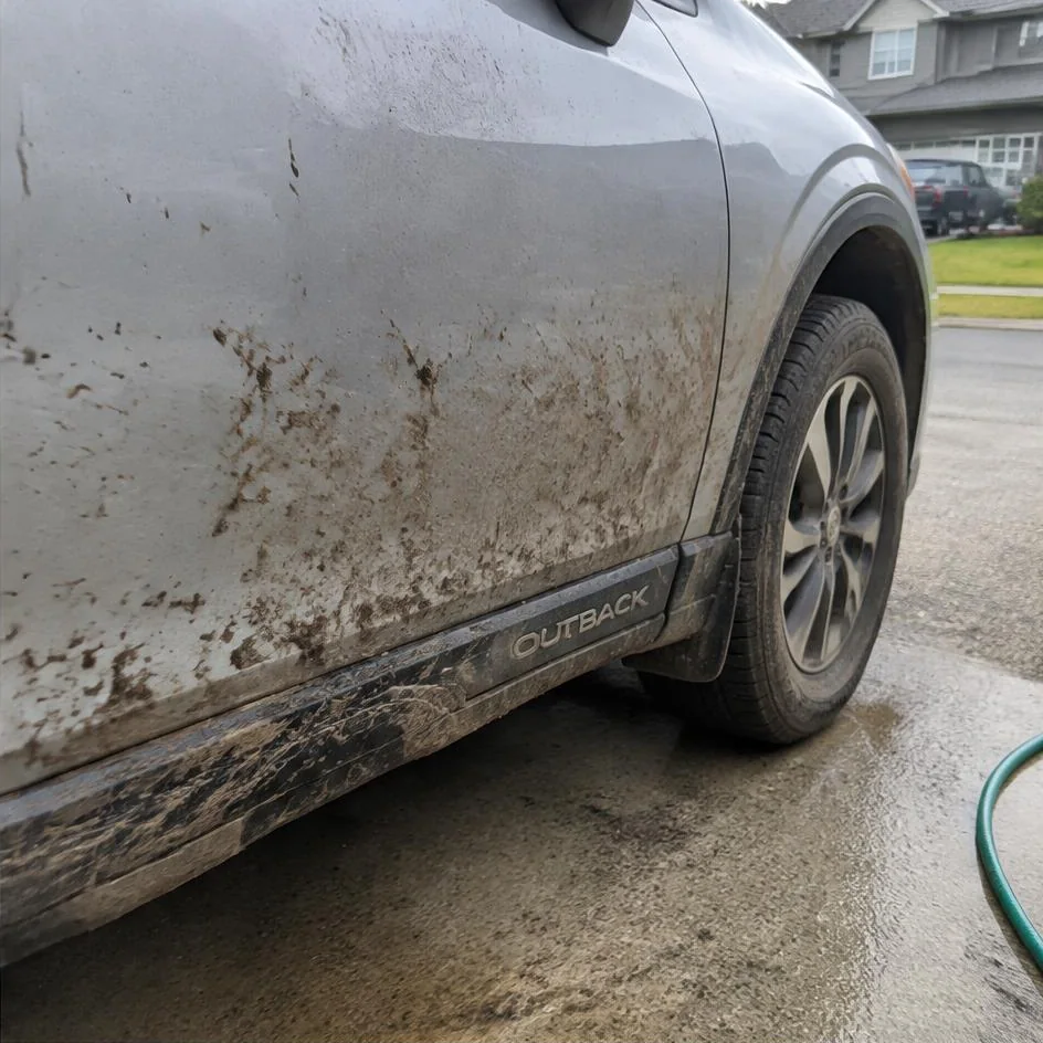 Road film and mud on a vehicle lower door before detailing in Chilliwack, BC