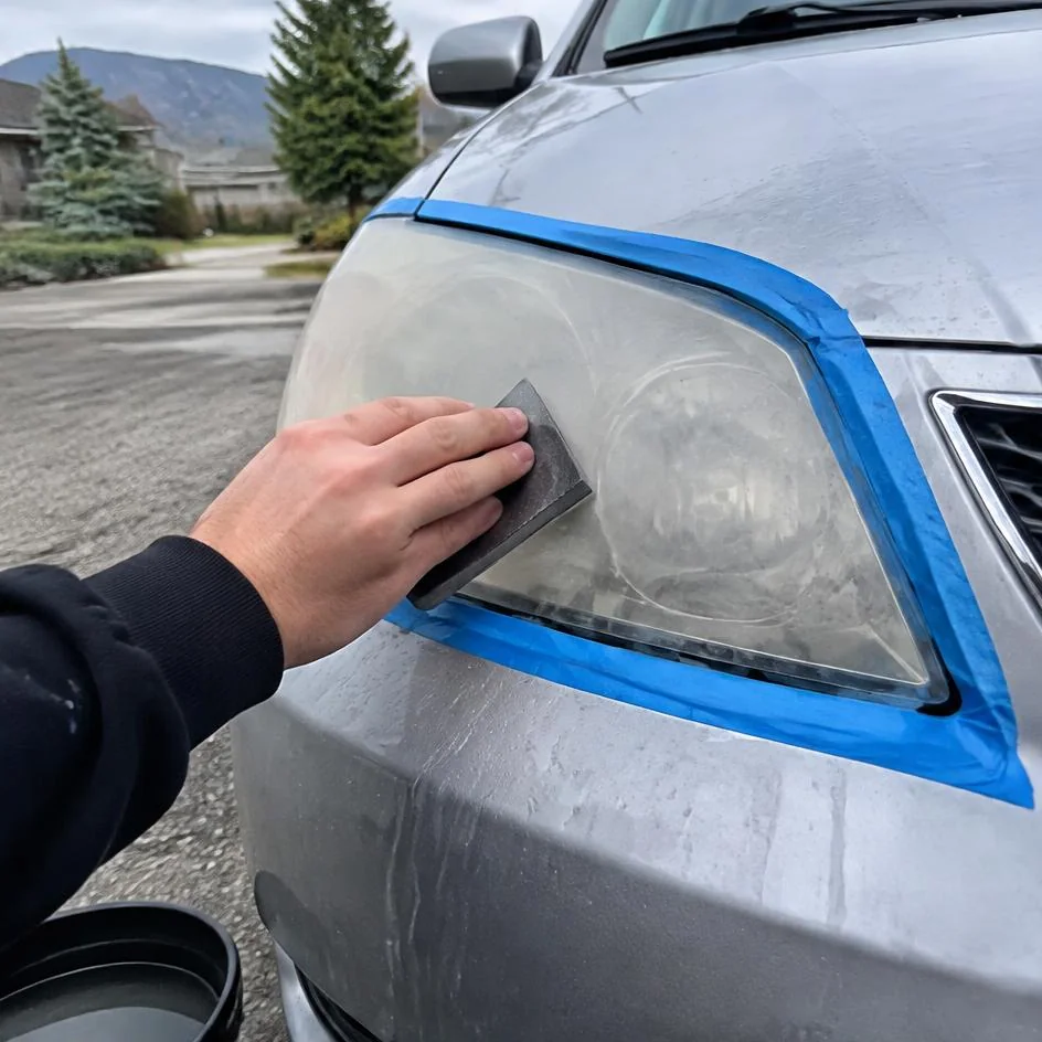 Headlight lens receiving progressive wet sanding in Chilliwack, BC