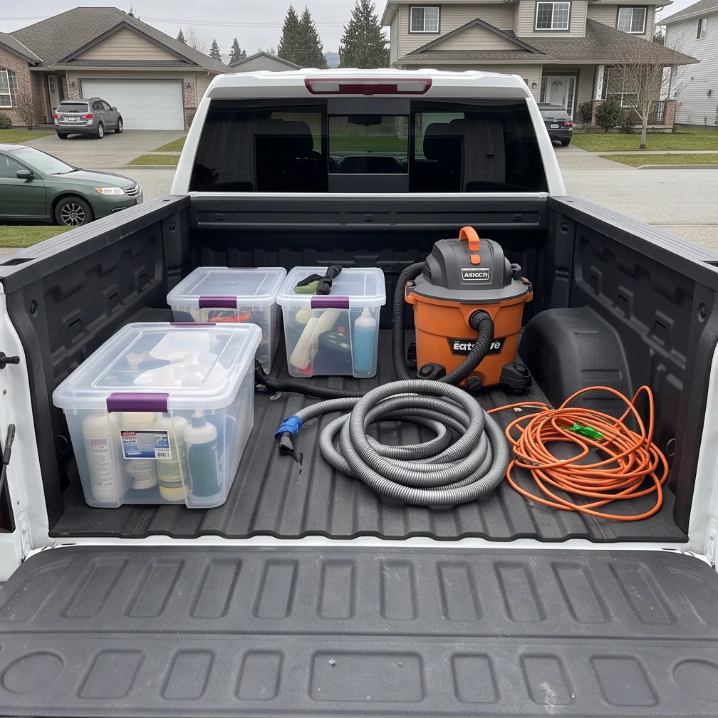 Organized equipment prepared for a mobile detailing appointment in Chilliwack, BC