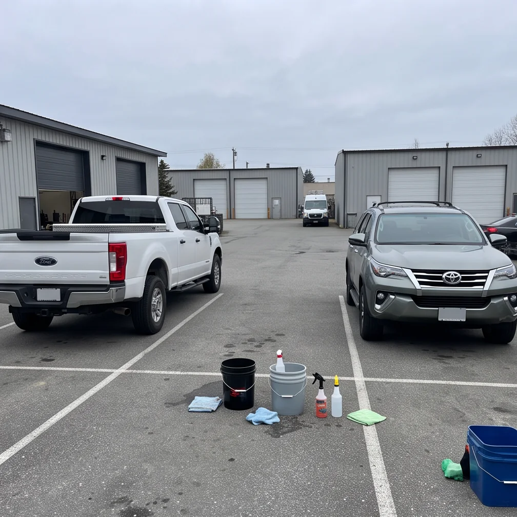 Work truck receiving mobile detailing at a workplace in Chilliwack, BC
