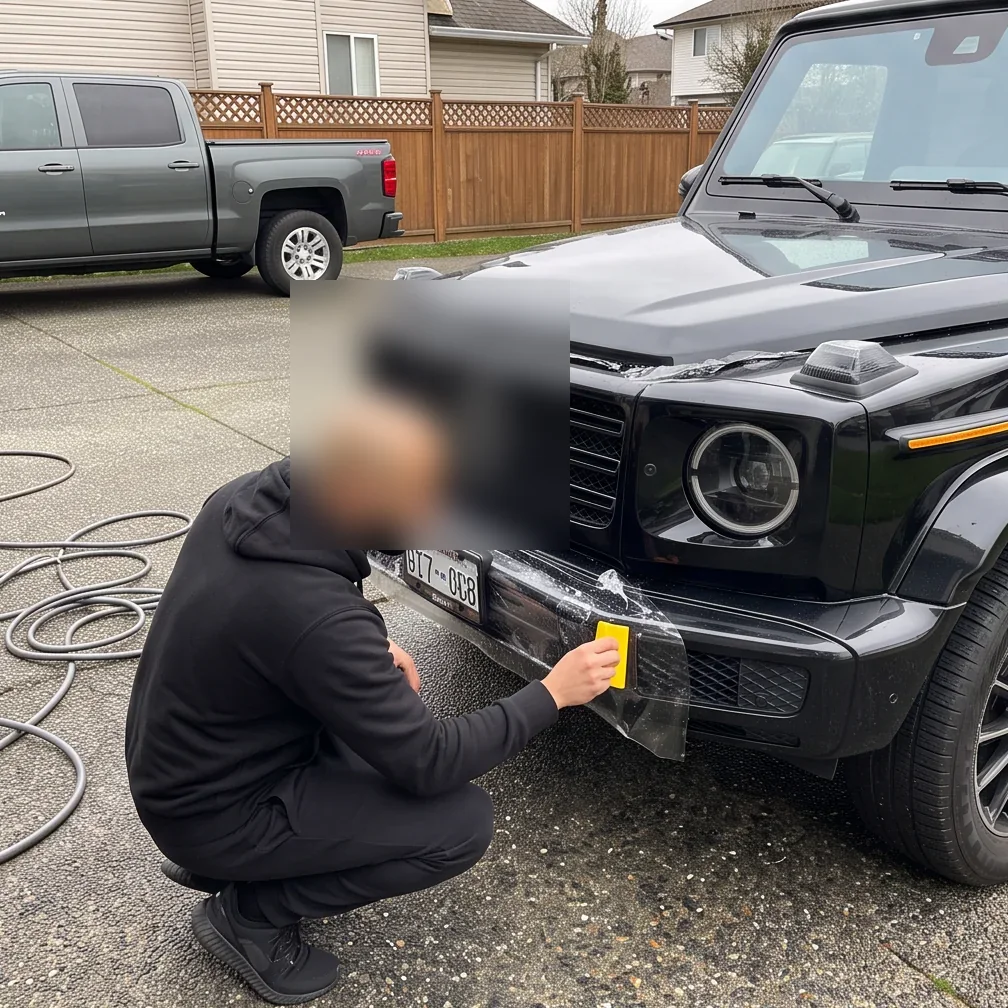 Solution removed and edges finished during paint protection film installation in Chilliwack, BC