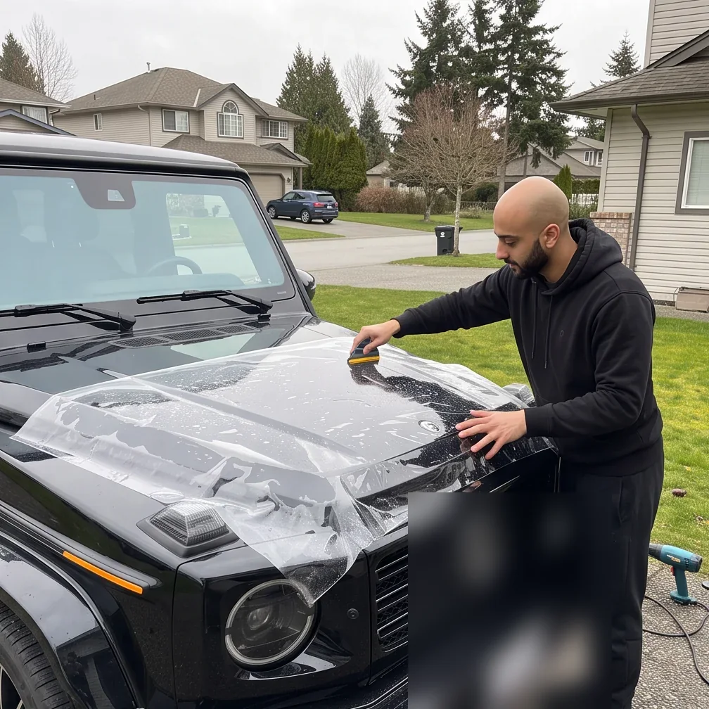 Jason installing clear paint protection film across a vehicle hood in Chilliwack, BC