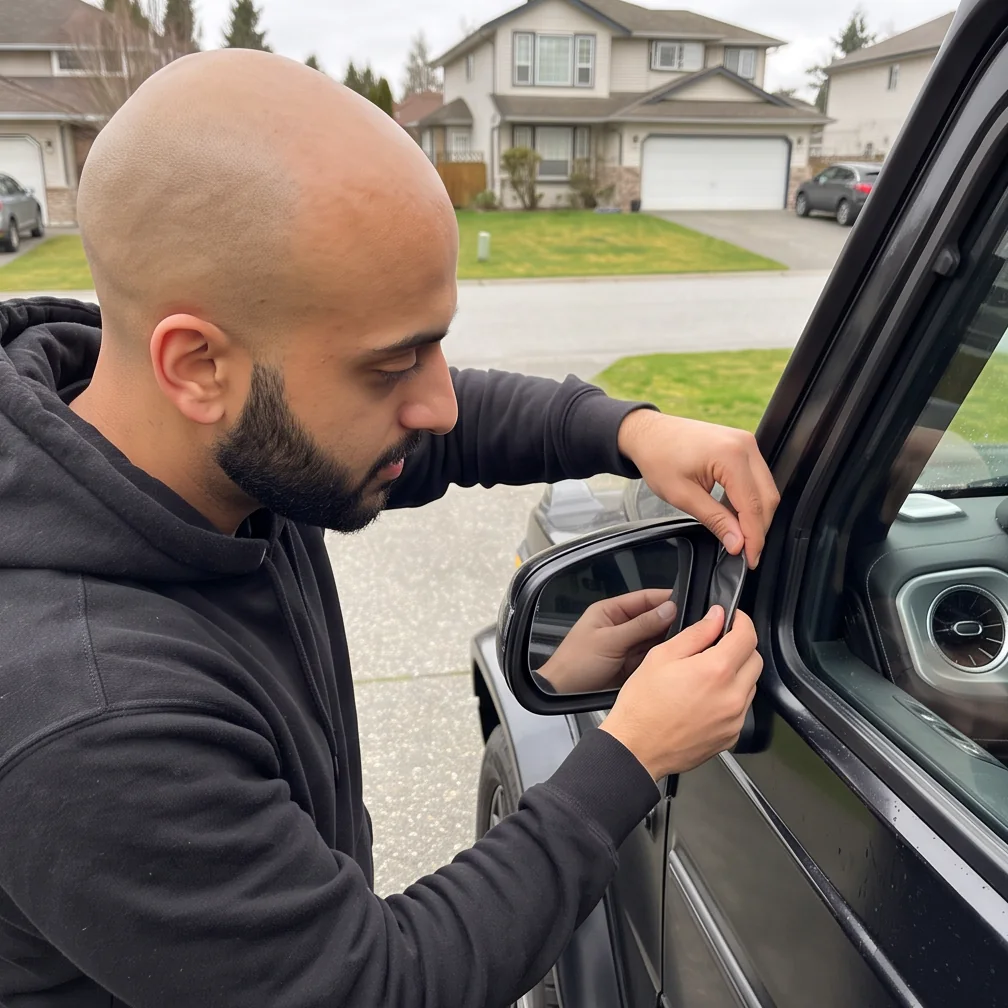 Jason finishing paint protection film around a vehicle mirror in Chilliwack, BC