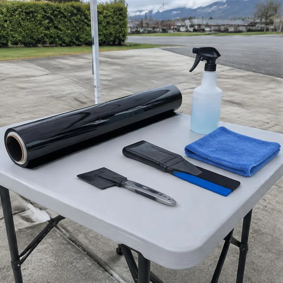 Window tint film and tools prepared on a work table in Chilliwack, BC