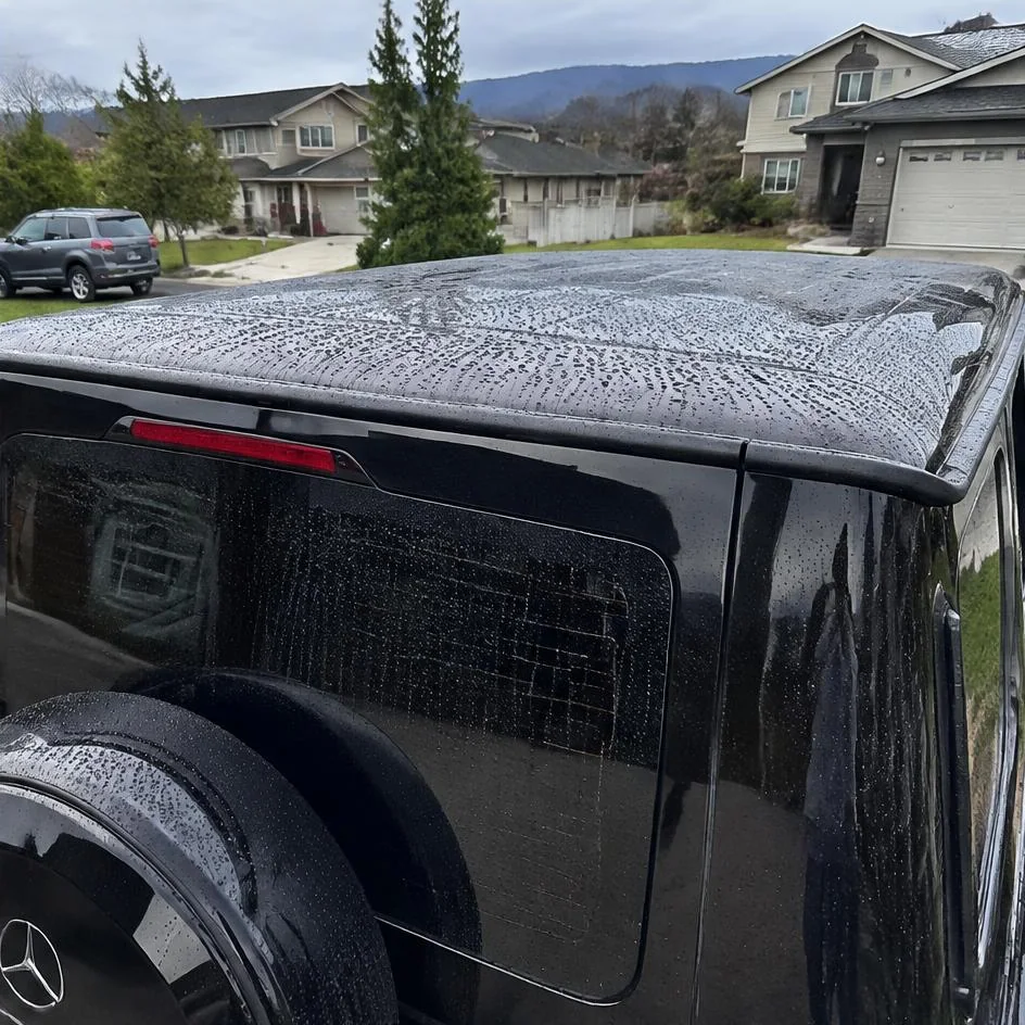 Water beading on the coated roof and rear glass of a black sedan in Chilliwack, BC