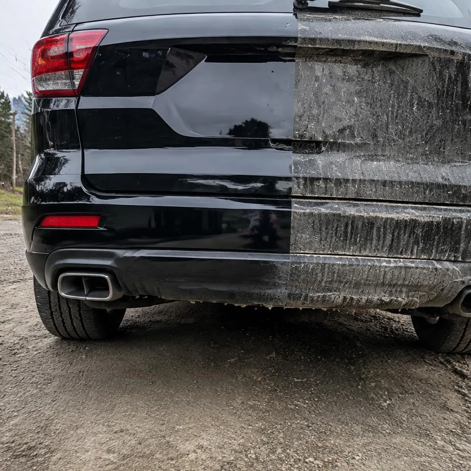 Rear bumper half decontaminated, half still covered in road film in Chilliwack, BC